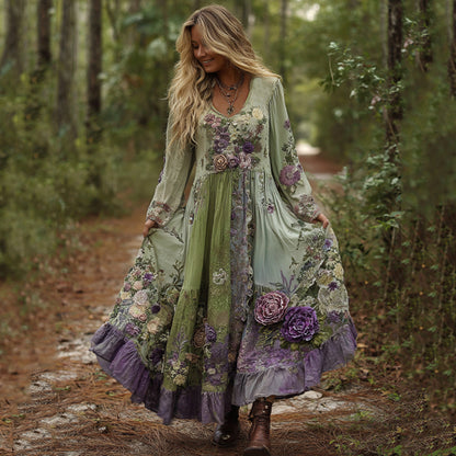 Cardydony Vintage Classy Gradient Purple Lavender And Floral Embroidered Maxi Dress