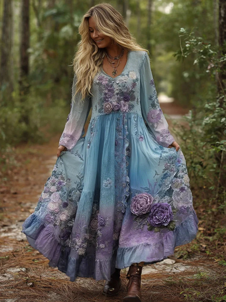 Cardydony Vintage Classy Gradient Purple Lavender And Floral Embroidered Maxi Dress