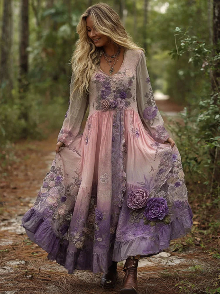 Cardydony Vintage Classy Gradient Purple Lavender And Floral Embroidered Maxi Dress