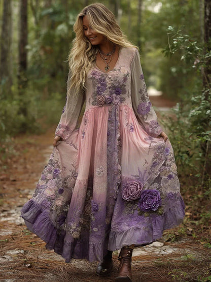 Cardydony Vintage Classy Gradient Purple Lavender And Floral Embroidered Maxi Dress