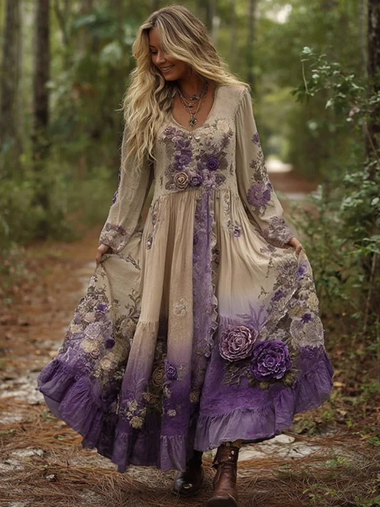 Cardydony Vintage Classy Gradient Purple Lavender And Floral Embroidered Maxi Dress