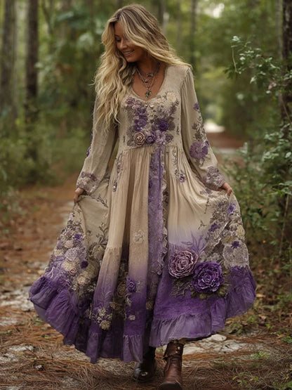 Cardydony Vintage Classy Gradient Purple Lavender And Floral Embroidered Maxi Dress