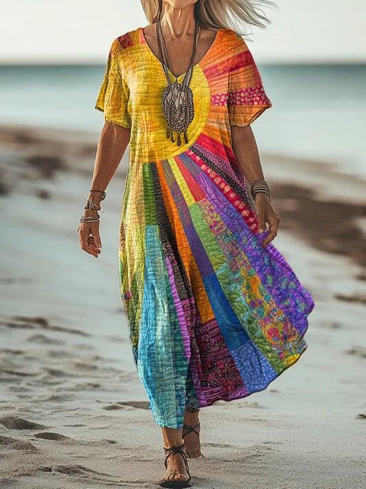 Cardydony Vintage Colorful Sun Collage Art Pattern Linen Blend V-neck Loose Midi Dress