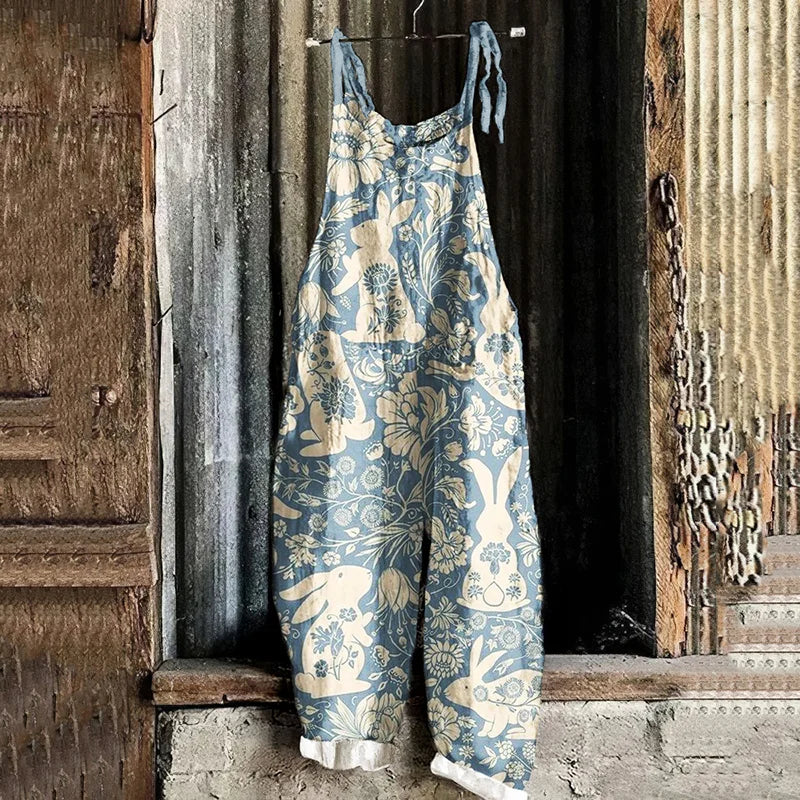 Cardydony Vintage Cute Rabbit Linen Blend Loose Casual Jumpsuit