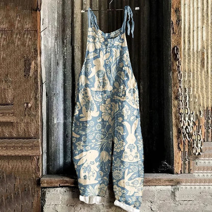 Cardydony Vintage Cute Rabbit Linen Blend Loose Casual Jumpsuit