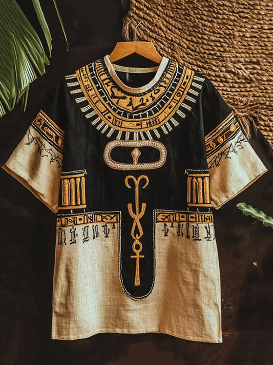 Cardydony Vintage Egyptian Rune Embroidered Contrast Linen Shirt