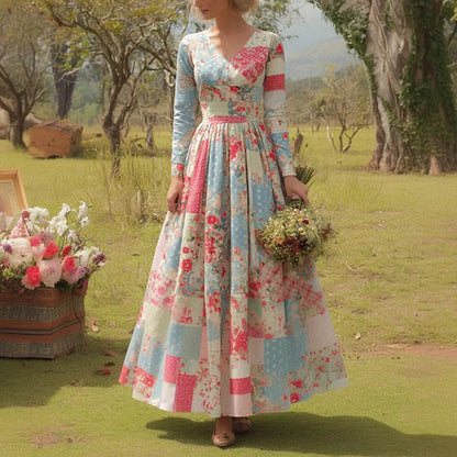 Cardydony Vintage Floral Art Women's Linen Long Sleeve Maxi V-neck Dress