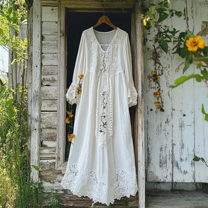 Cardydony Vintage Floral Embroidered Lace Hem Linen Maxi Dress