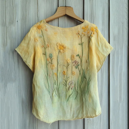 Cardydony Vintage Floral Gradient Embroidered Comfy Shirt