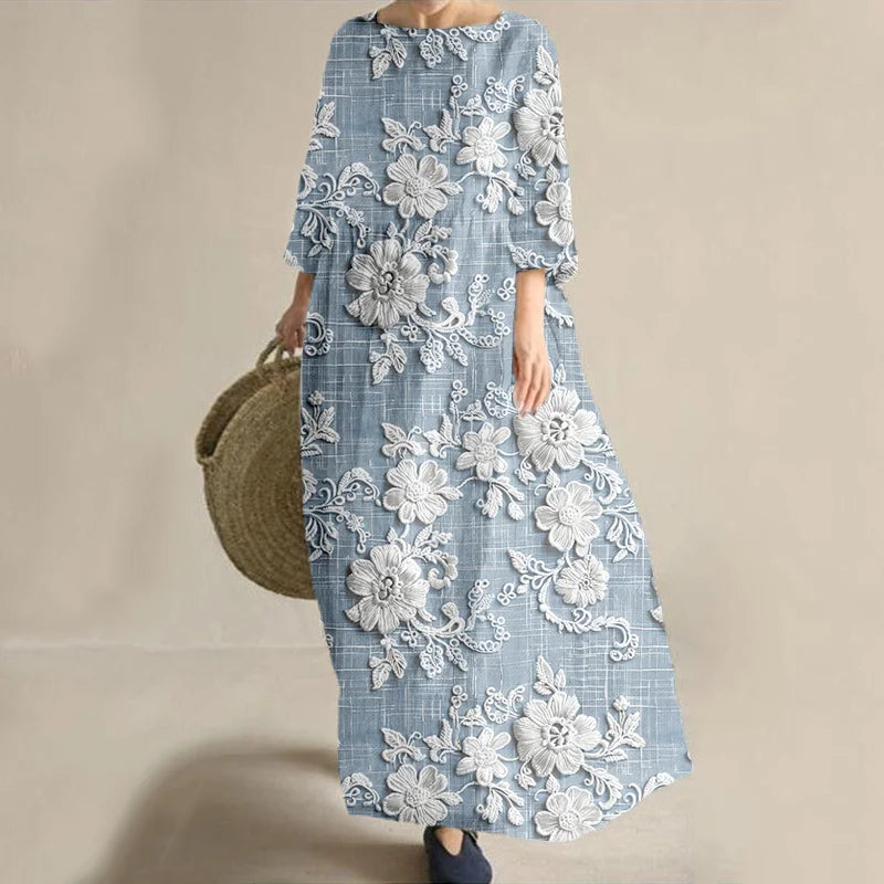 Cardydony Vintage Floral Lace Embroidered Linen Blend Maxi Dress