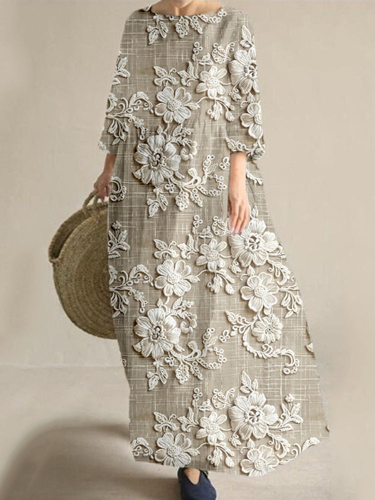Cardydony Vintage Floral Lace Embroidered Linen Blend Maxi Dress