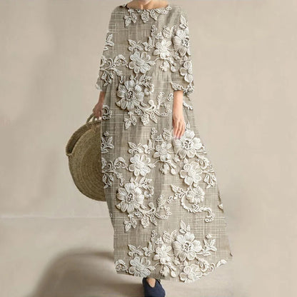 Cardydony Vintage Floral Lace Embroidered Linen Blend Maxi Dress