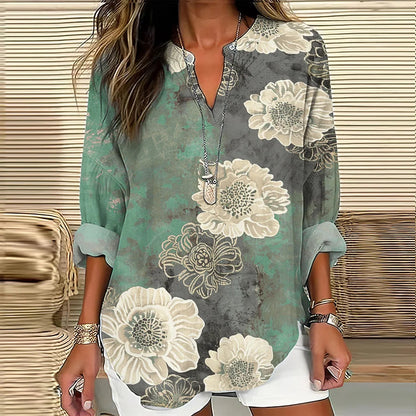 Cardydony Vintage Floral Print V-Neck Long Sleeved Blouse