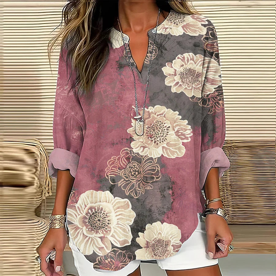 Cardydony Vintage Floral Print V-Neck Long Sleeved Blouse