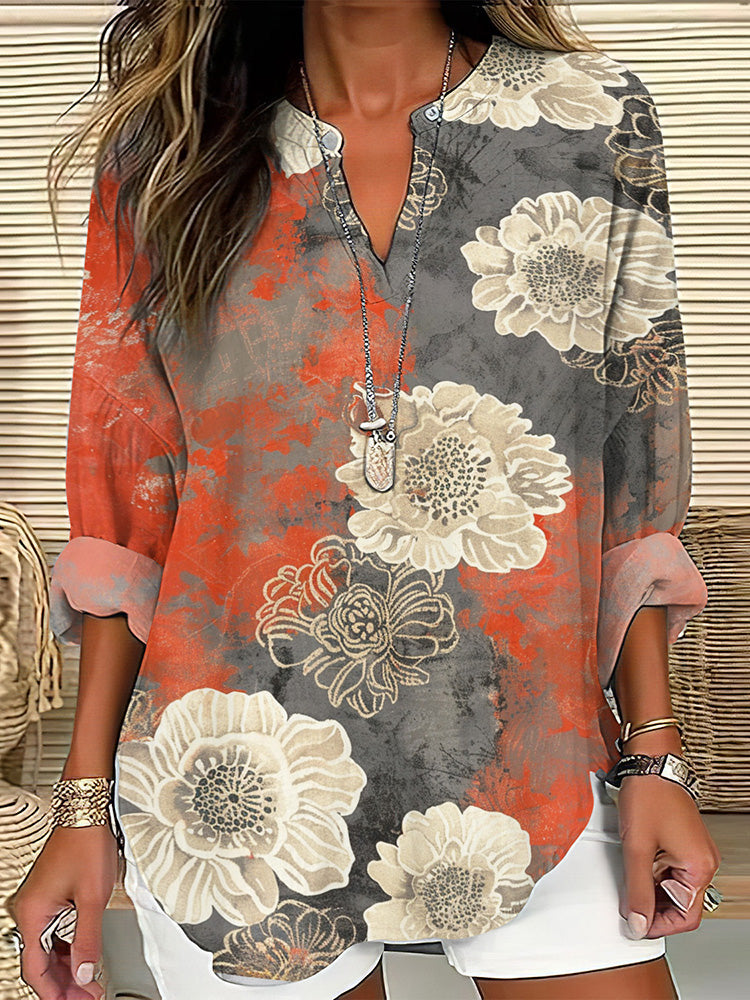 Cardydony Vintage Floral Print V-Neck Long Sleeved Blouse