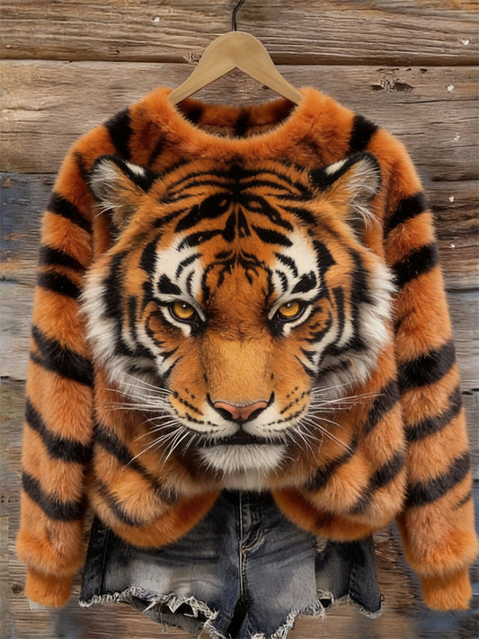Cardydony Vintage Fuzzy Tiger & Pattern Cozy Plush Sweatshirt