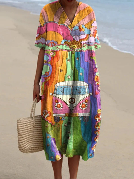 Cardydony Vintage Hippie Vibe Peace And Love Hippie Bus Pattern Printed Women's Flowy Dress