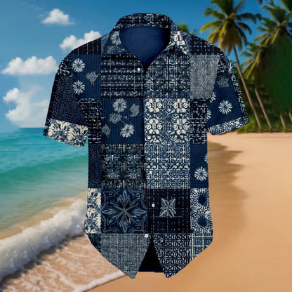 Cardydony Vintage Japanese Sashiko Patchwork Beach Linen Shirt
