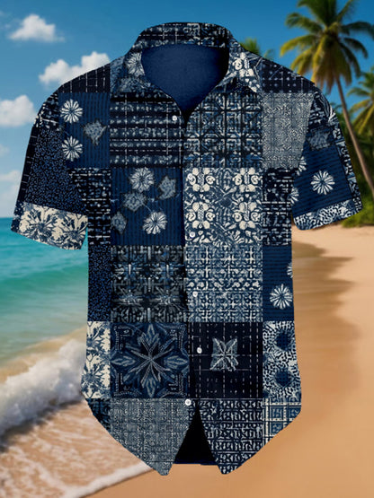 Cardydony Vintage Japanese Sashiko Patchwork Beach Linen Shirt