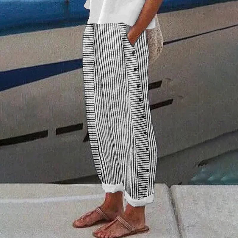 Cardydony Vintage Stripes Printed Cotton Linen Cozy Pants