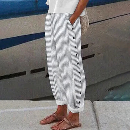 Cardydony Vintage Stripes Printed Cotton Linen Cozy Pants