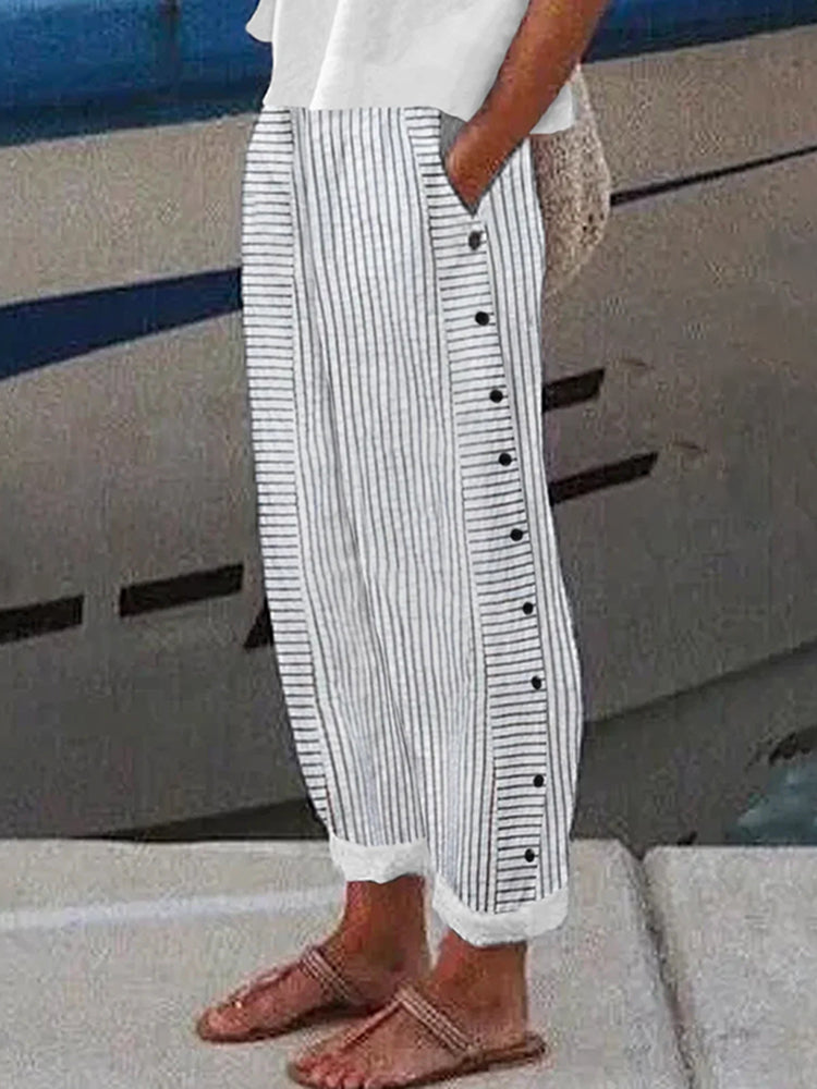 Cardydony Vintage Stripes Printed Cotton Linen Cozy Pants