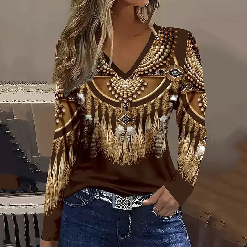 Cardydony Vintage Western Print V-Neck Long Sleeve T-Shirt