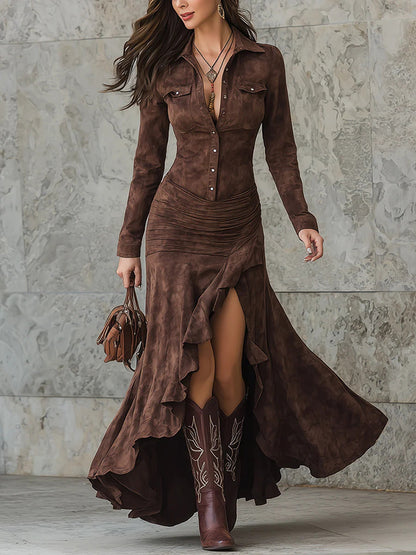 Cardydony Vintage Western Style Slim Fit Zipper Stand Collar Slit Dress