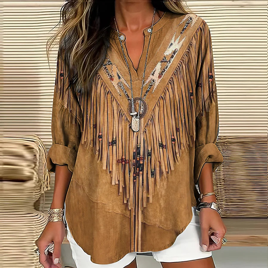 Cardydony Vintage Western Tassels Print Loose Casual Cotton Linen Shirt
