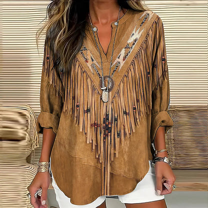 Cardydony Vintage Western Tassels Print Loose Casual Cotton Linen Shirt