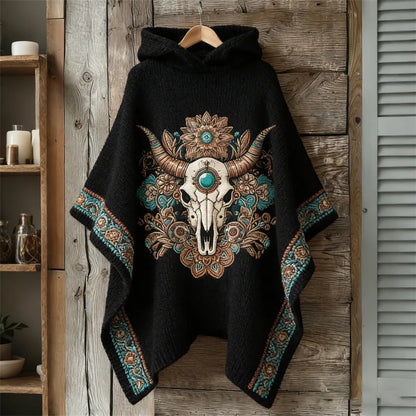 Cardydony Western Bull Skull Turquoise Floral Cozy Knit Hooded Cloak