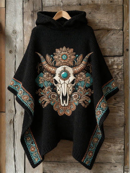Cardydony Western Bull Skull Turquoise Floral Cozy Knit Hooded Cloak