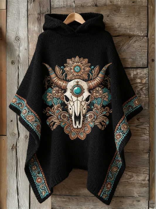 Cardydony Western Bull Skull Turquoise Floral Cozy Knit Hooded Cloak