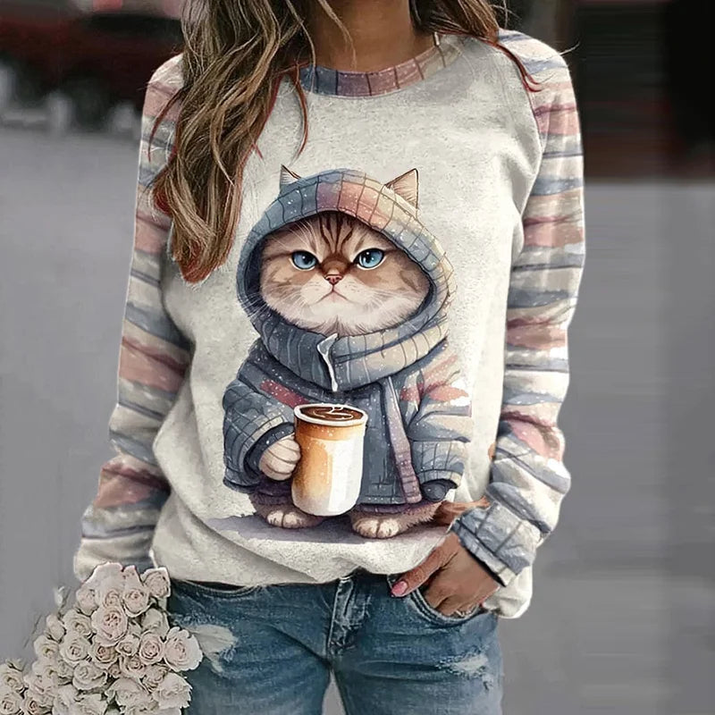 Cardydony Winter Funny Cute Wonderland Clothing Cat Print Sweatshirt
