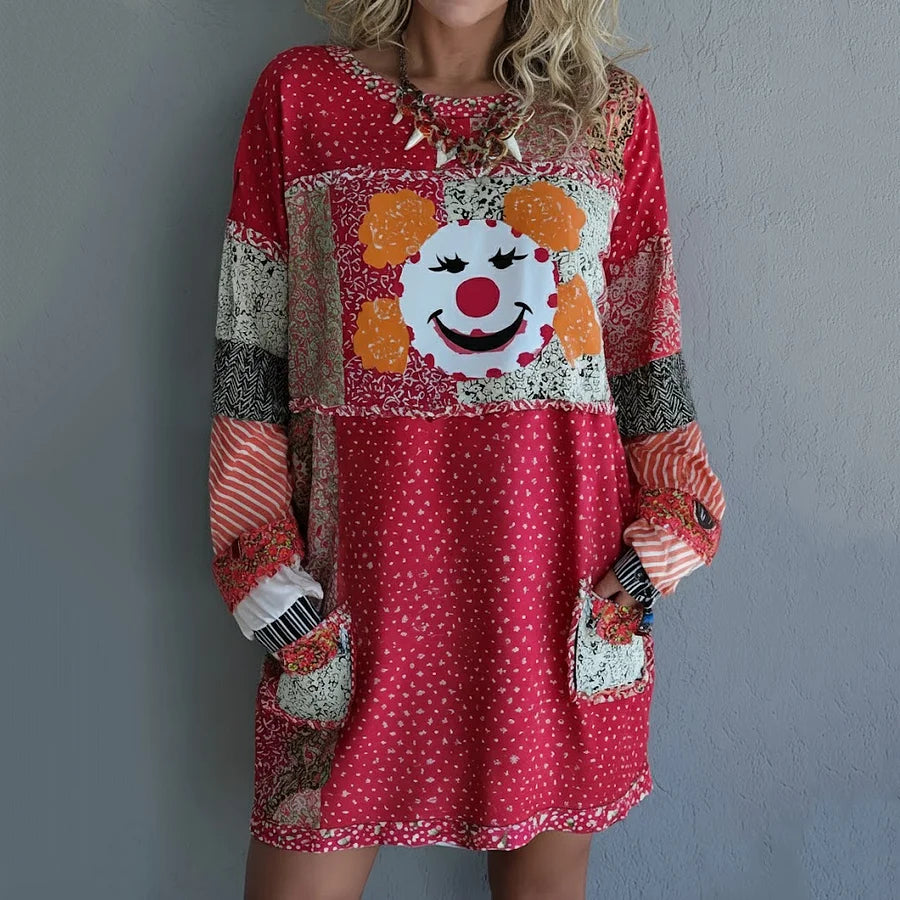 Cardydony Women's Abstract Clown Patchwork Contrast Print Mini Dress