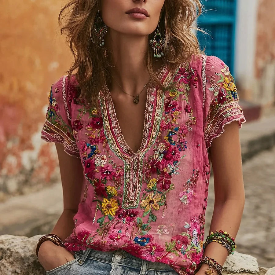 Cardydony Women's Bohemian Floral Embroidered V-neck T-shirt