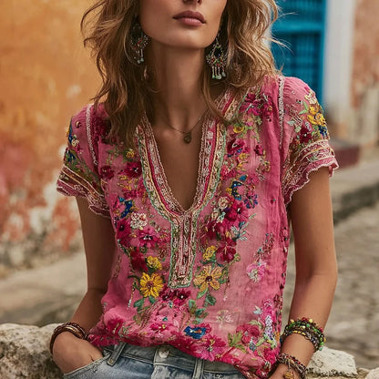 Cardydony Women's Bohemian Floral Embroidered V-neck T-shirt