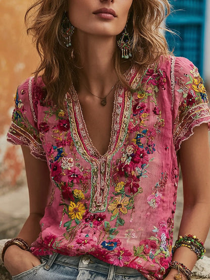 Cardydony Women's Bohemian Floral Embroidered V-neck T-shirt