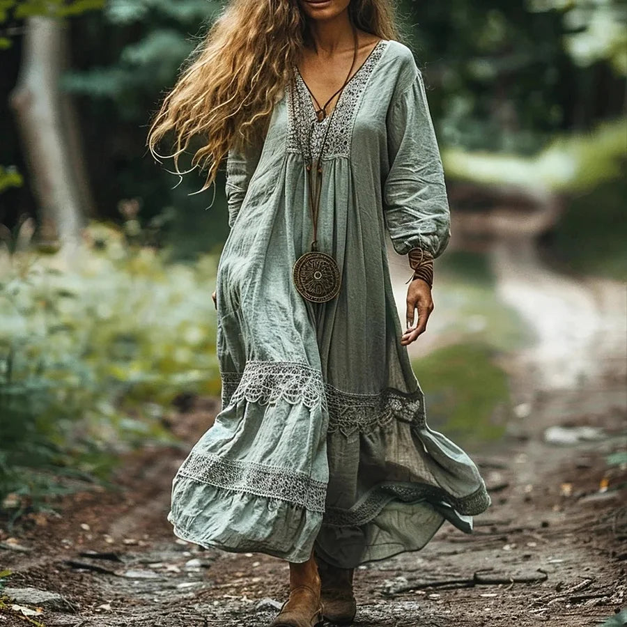 Cardydony Women's Bohemian V-neck Linen Blend Ethnic Midi Dress