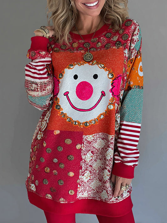 Cardydony Women's Carnival Clown Patchwork Contrast Print Sweatshirt Mini Dress