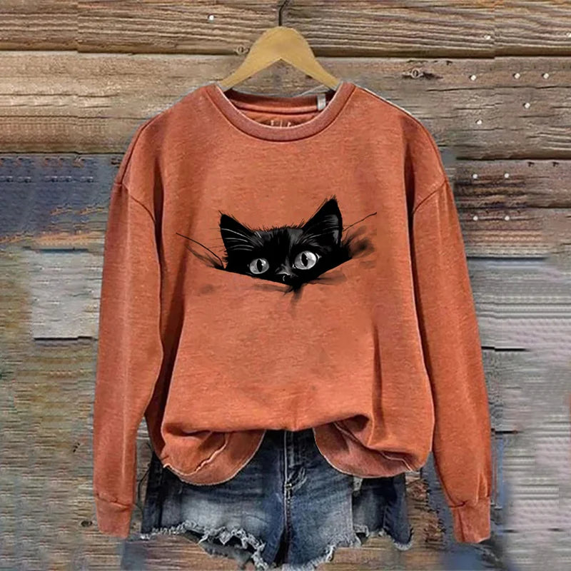 Cardydony Women's Casual Funny Black Cat Print Sweatshirt