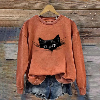 Cardydony Women's Casual Funny Black Cat Print Sweatshirt
