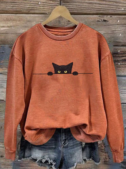 Cardydony Women's Casual Funny Black Cat Print Sweatshirt