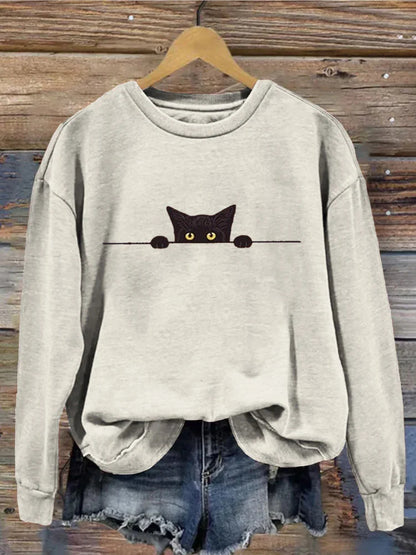 Cardydony Women's Casual Funny Black Cat Print Sweatshirt