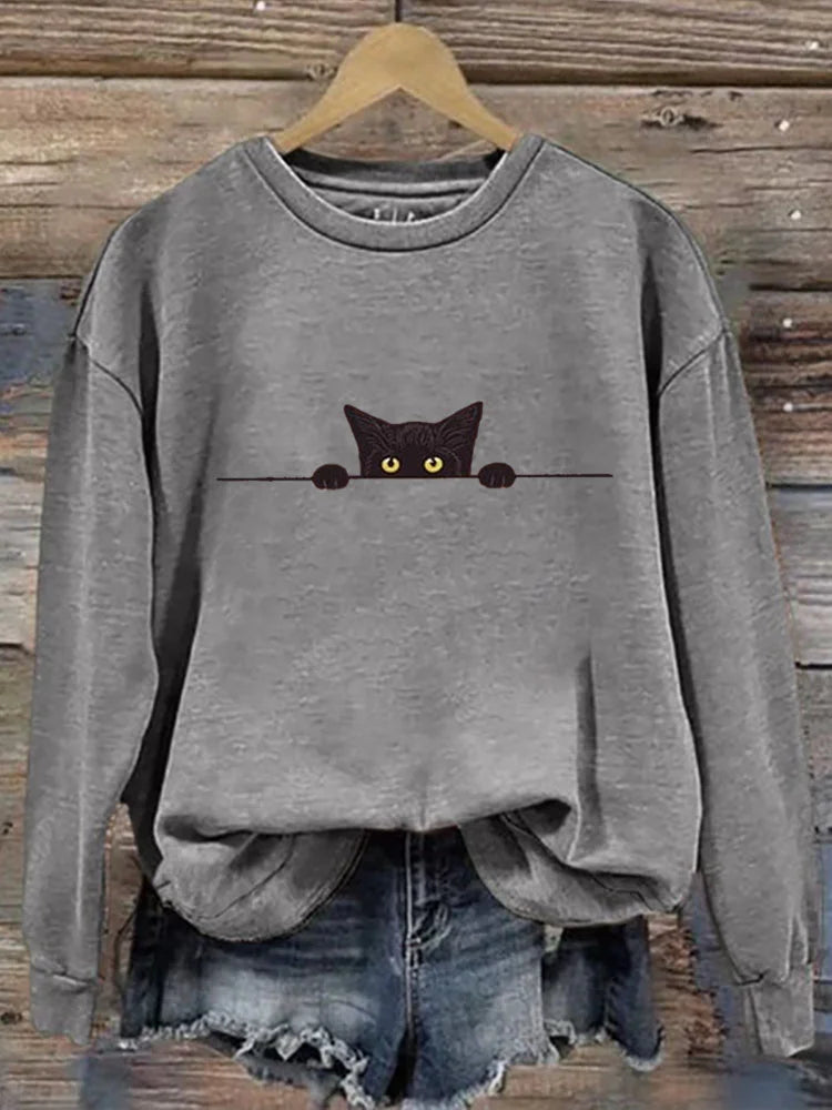 Cardydony Women's Casual Funny Black Cat Print Sweatshirt
