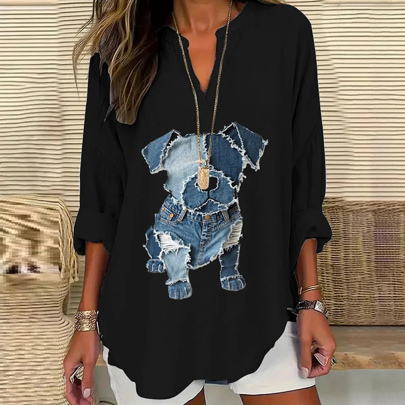Cardydony Women's Casual Funny Denim Dog Print T-shirt