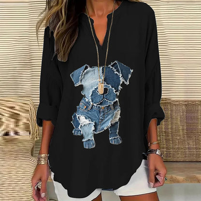 Cardydony Women's Casual Funny Denim Dog Print T-shirt