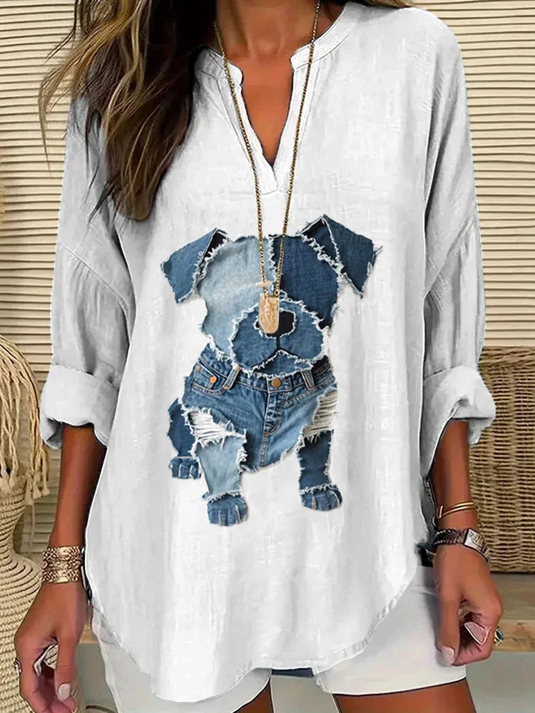 Cardydony Women's Casual Funny Denim Dog Print T-shirt
