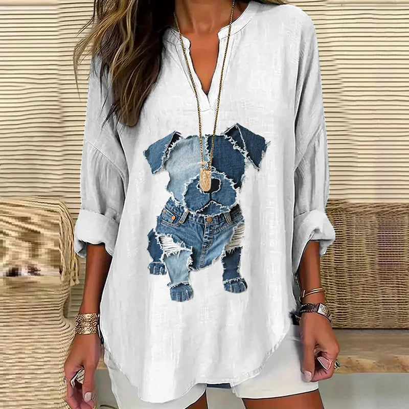 Cardydony Women's Casual Funny Denim Dog Print T-shirt