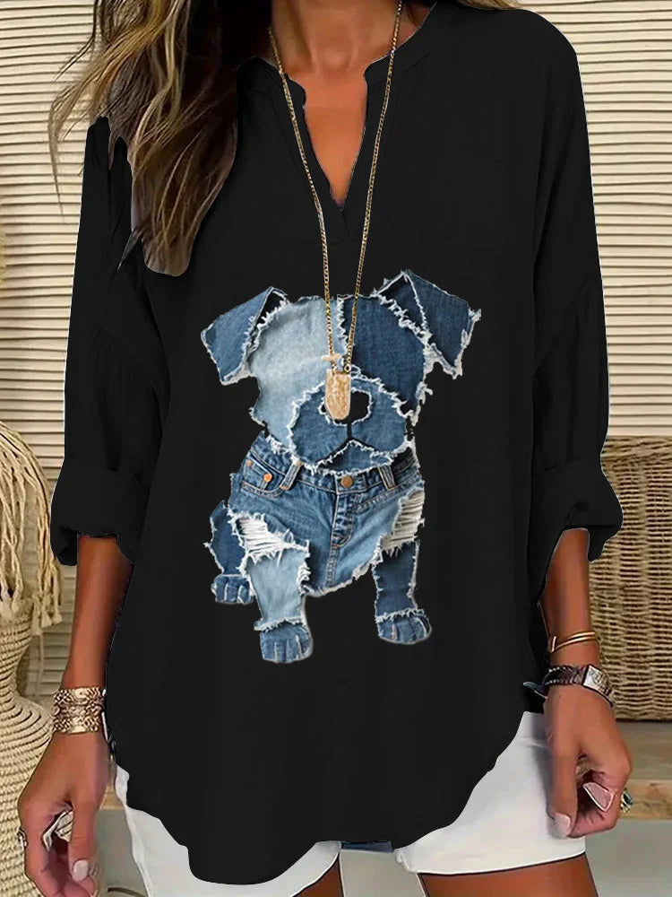 Cardydony Women's Casual Funny Denim Dog Print T-shirt